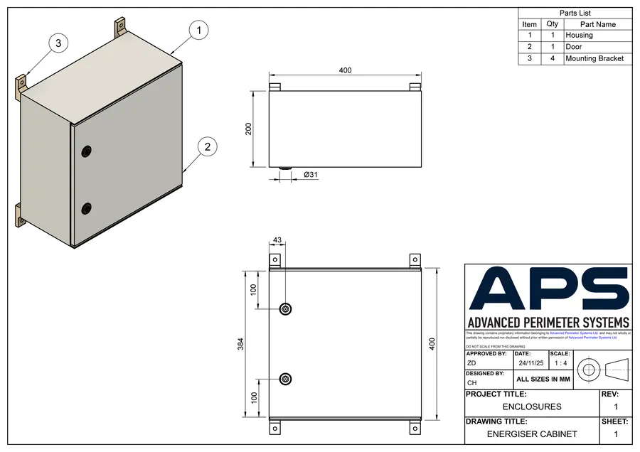 Energiser cabinet technical drawing, sheet 1
