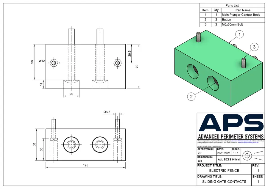 Sliding gate contacts technical drawing, sheet 1