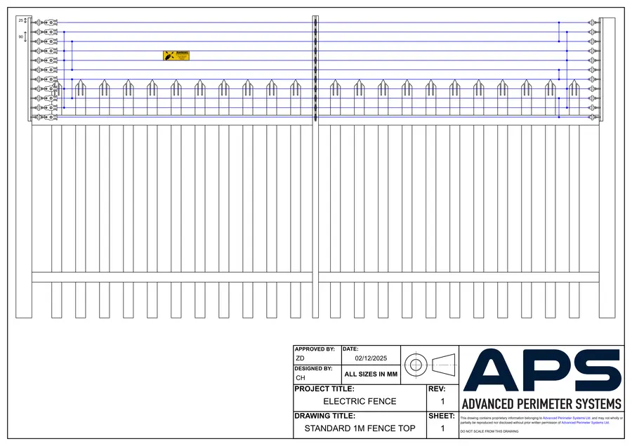 Standard 1 m fence-top installation technical drawing, sheet 1