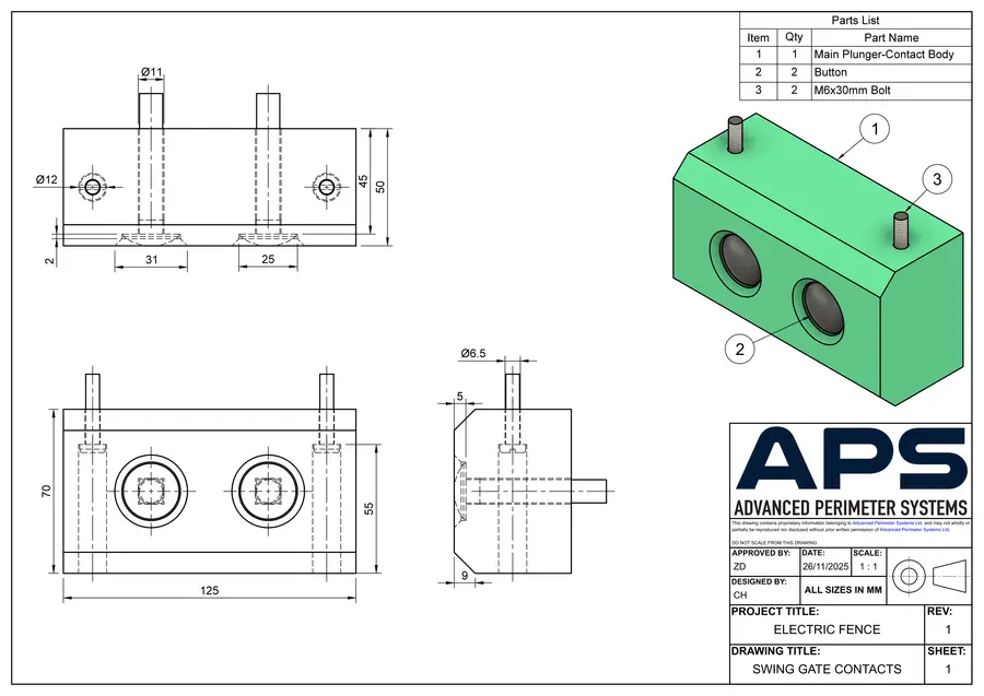 Swing gate contacts technical drawing, sheet 1