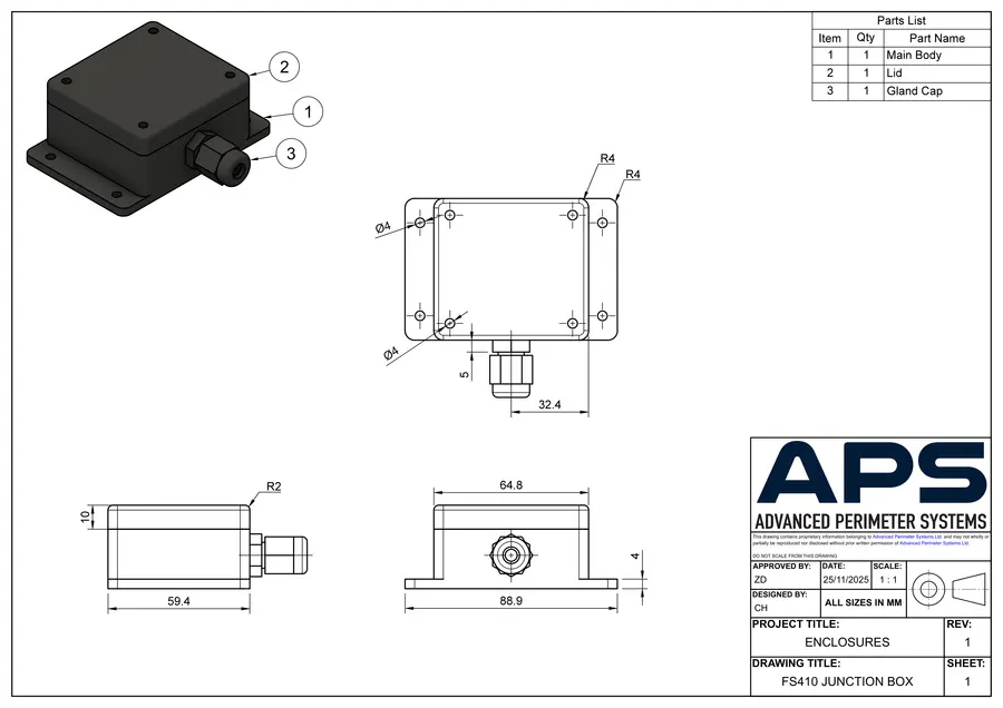FS410 junction box technical drawing, sheet 1