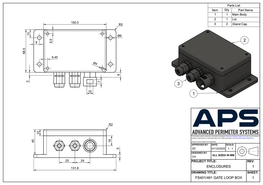 FS460 / FS461 gate loop box technical drawing, sheet 1